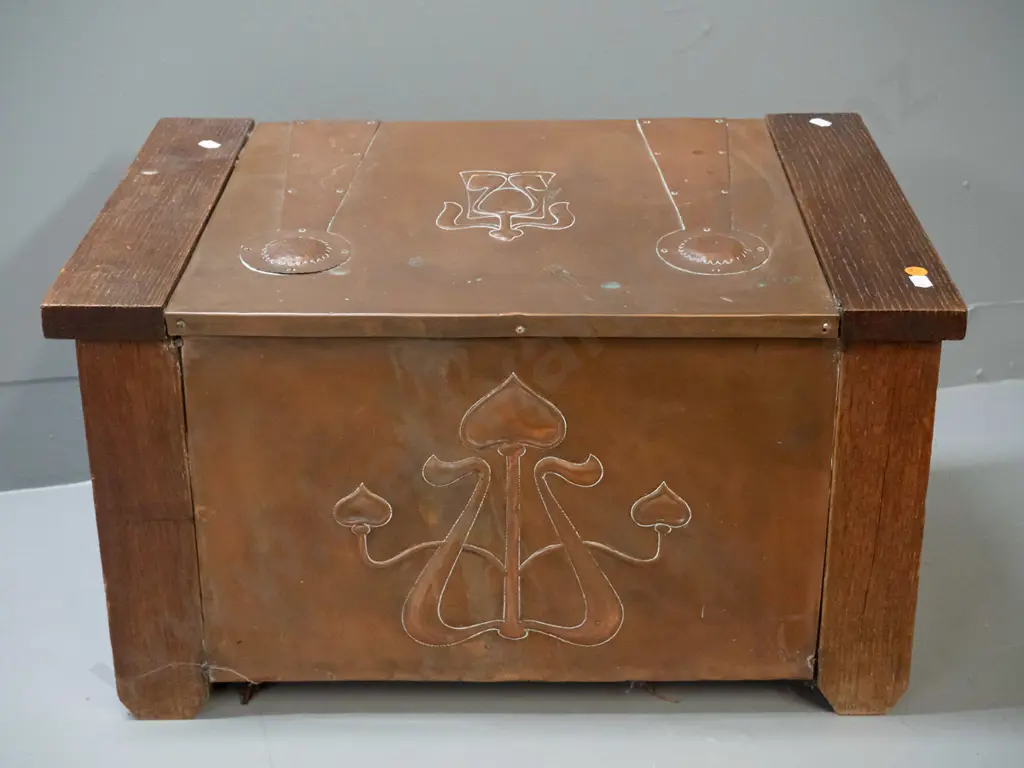 deco wood or coal bin with hinged lid, tin liner - pressed copper over oak with copper handles. Minor denting. H-350 Image 1++