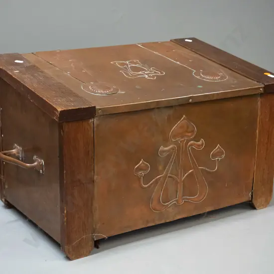 deco wood or coal bin with hinged lid, tin liner - pressed copper over oak with copper handles. Minor denting. H-350