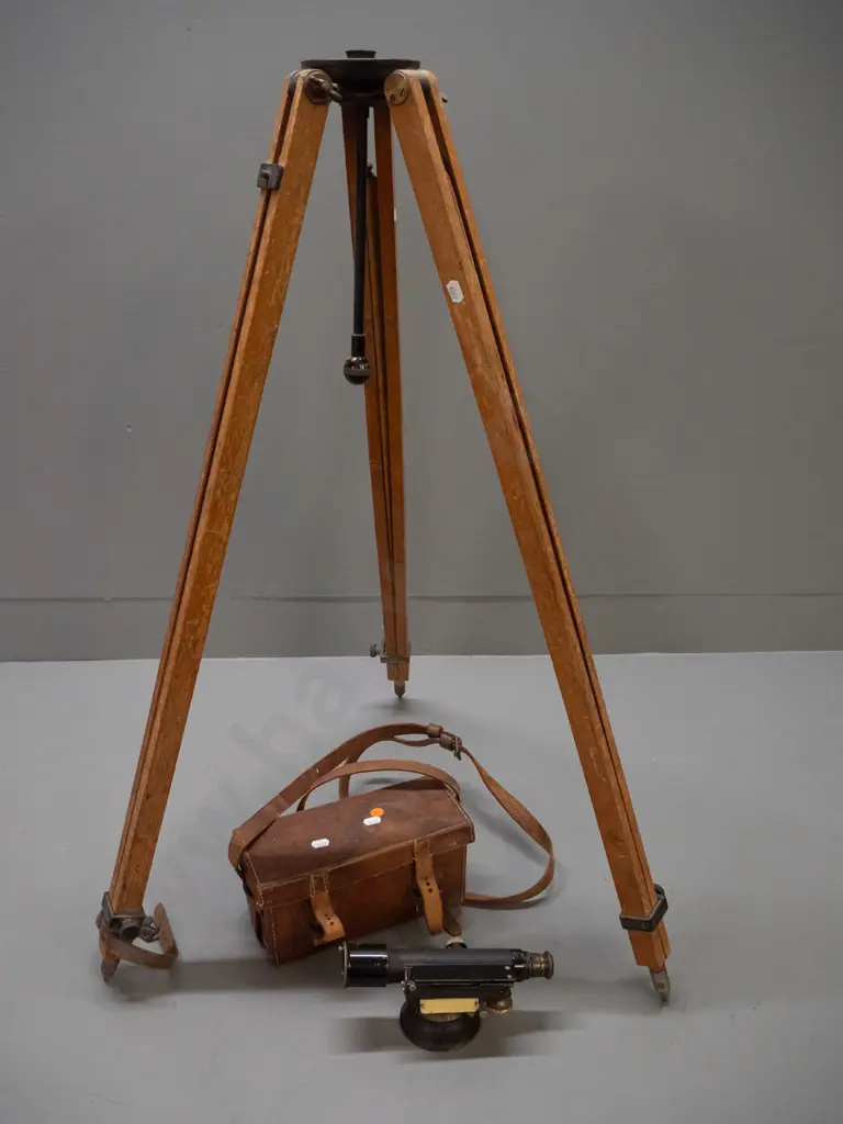 vintage surveyor's theodolite with wooden tripod, padded leather case, marked ER Watts London / Hugh & GK Neill Dunedin. Image 1++