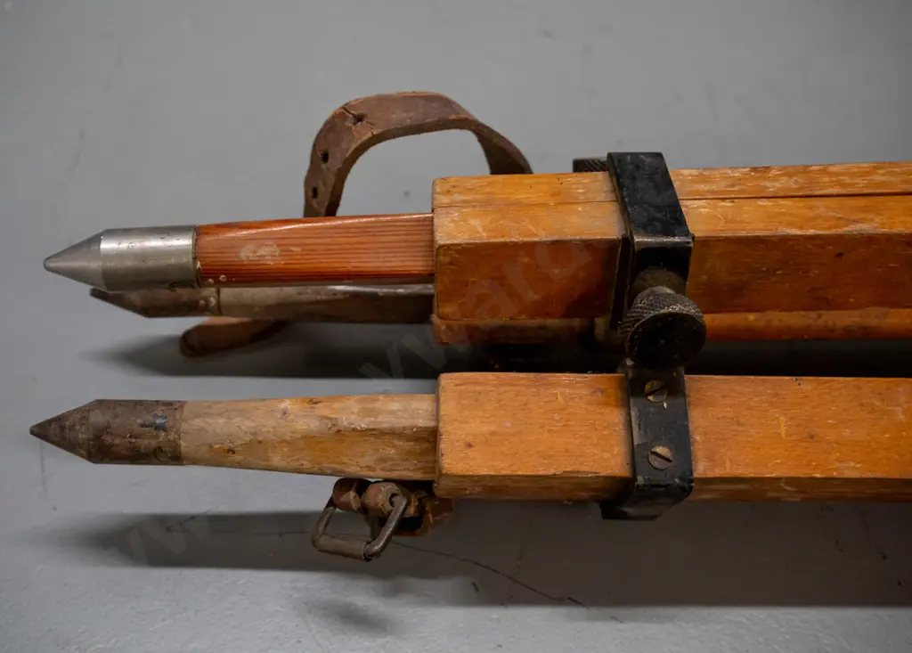 vintage surveyor's theodolite with wooden tripod, padded leather case, marked ER Watts London / Hugh & GK Neill Dunedin. Image 1++