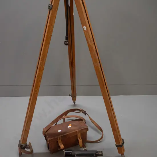 vintage surveyor's theodolite with wooden tripod, padded leather case, marked ER Watts London / Hugh & GK Neill Dunedin.