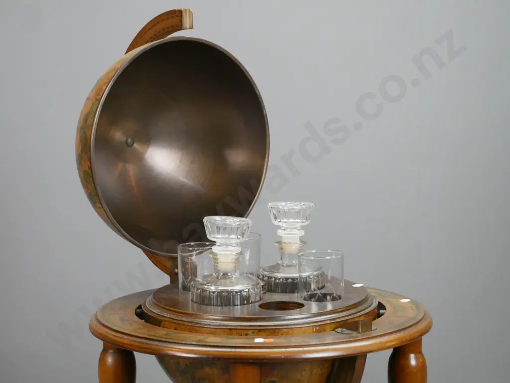 world globe drinks cabinet with spun metal globe on turned timber base with decanters and glasses, with Image 1++