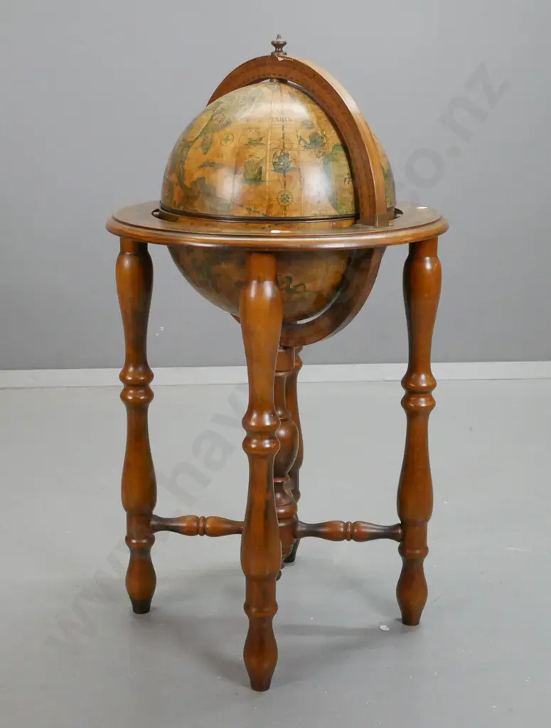 world globe drinks cabinet with spun metal globe on turned timber base with decanters and glasses, with Image 1++