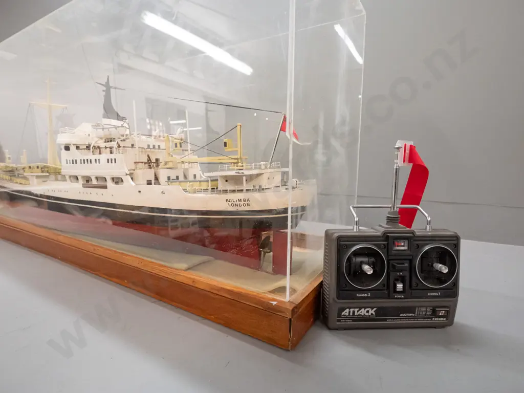 large motorised model cargo ship "Bulimba" in large timber and perspex display case, with remote control. Borer in case, Image 1++