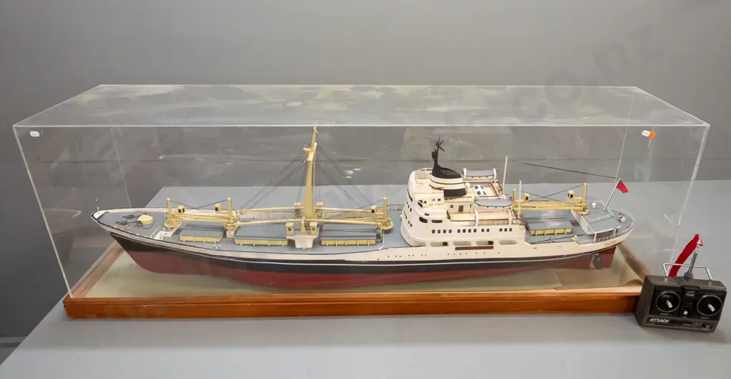 large motorised model cargo ship "Bulimba" in large timber and perspex display case, with remote control. Borer in case, Image 1++