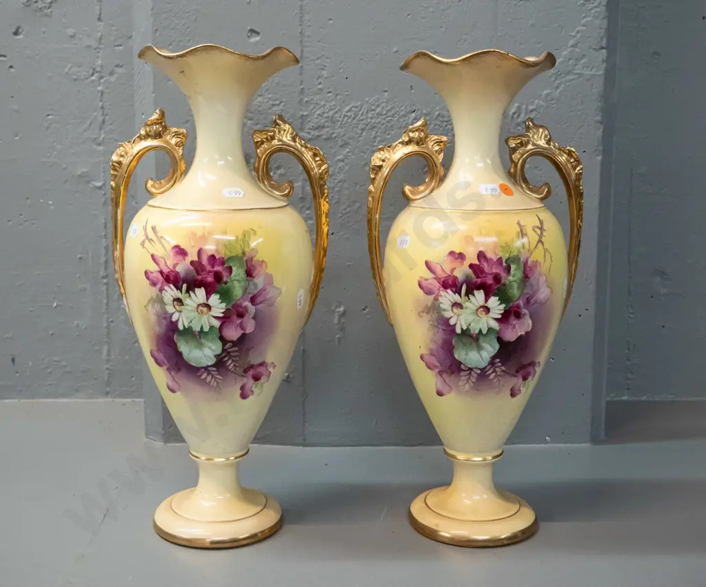 pair of Victorian hand painted floral and gilt double handled vases - no maker's marks. Some crazing, browning, gilt Image 1++