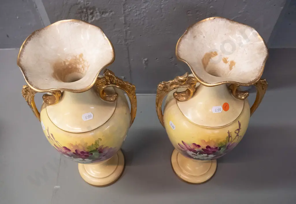 pair of Victorian hand painted floral and gilt double handled vases - no maker's marks. Some crazing, browning, gilt Image 1++