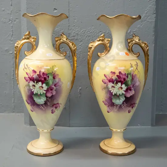 pair of Victorian hand painted floral and gilt double handled vases - no maker's marks. Some crazing, browning, gilt