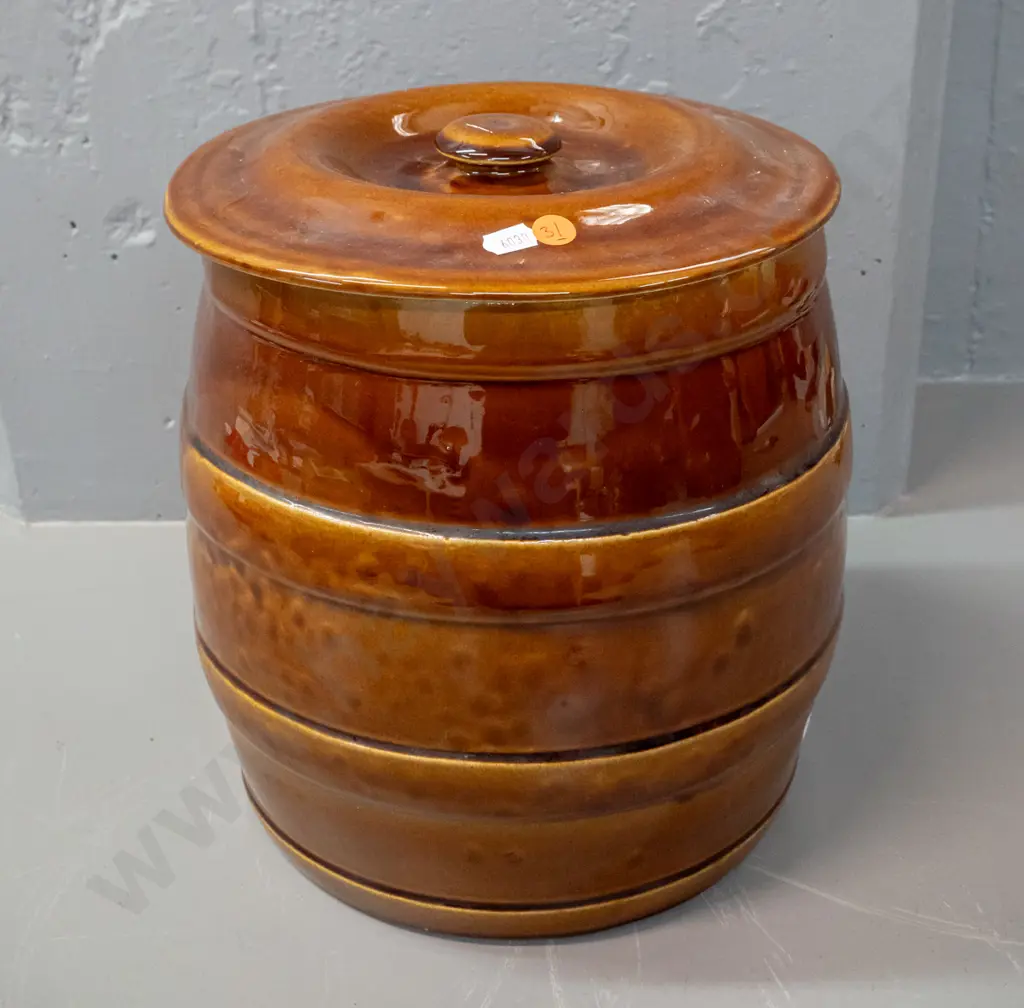 brown glaze wide-mouth barrel shaped lidded storage crock, no maker's marks H-290 Lid D-250 Image 1++