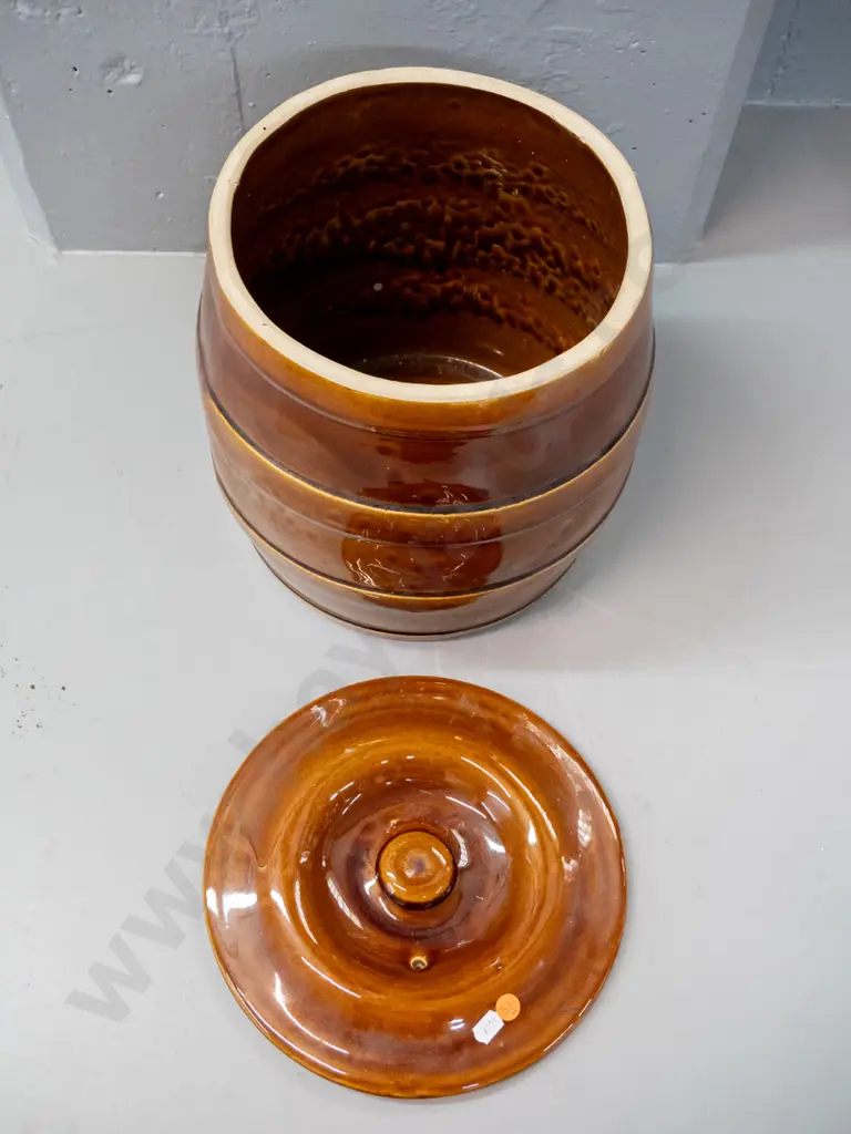 brown glaze wide-mouth barrel shaped lidded storage crock, no maker's marks H-290 Lid D-250 Image 1++