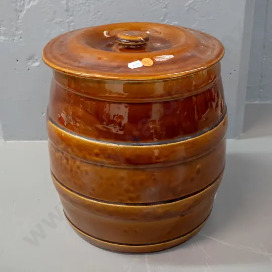 brown glaze wide-mouth barrel shaped lidded storage crock, no maker's marks H-290 Lid D-250