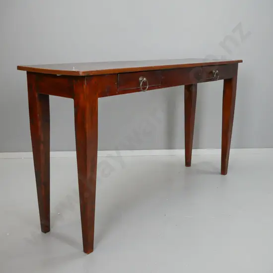 reproduction hardwood hall or narrow serving table, 2 drawers w/ metal ring handles, square tapered legs, pinned