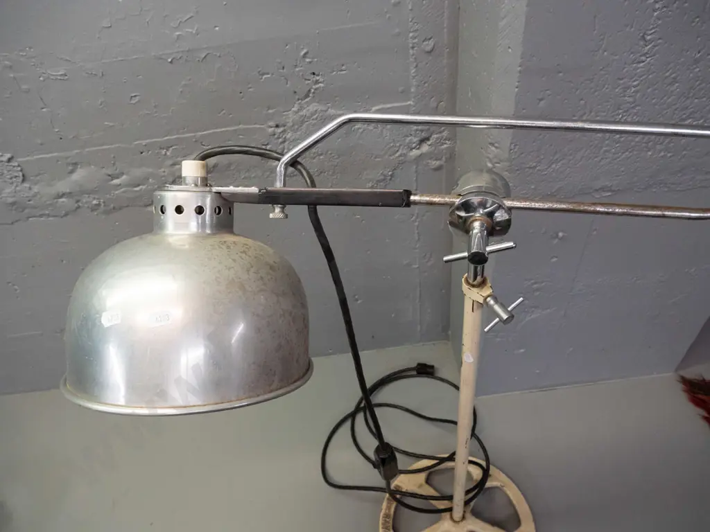 vintage "Duo Ray" infrared heat lamp on heavy industrial cast metal and chrome adjustable angle base, power cord with Image 1++