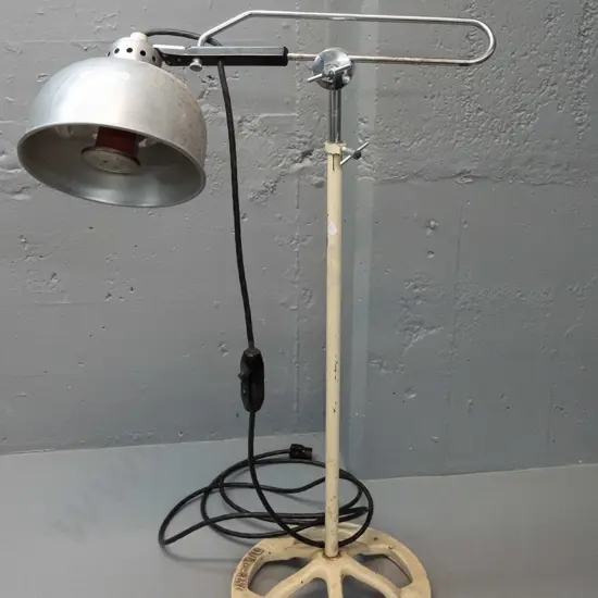 vintage "Duo Ray" infrared heat lamp on heavy industrial cast metal and chrome adjustable angle base, power cord with