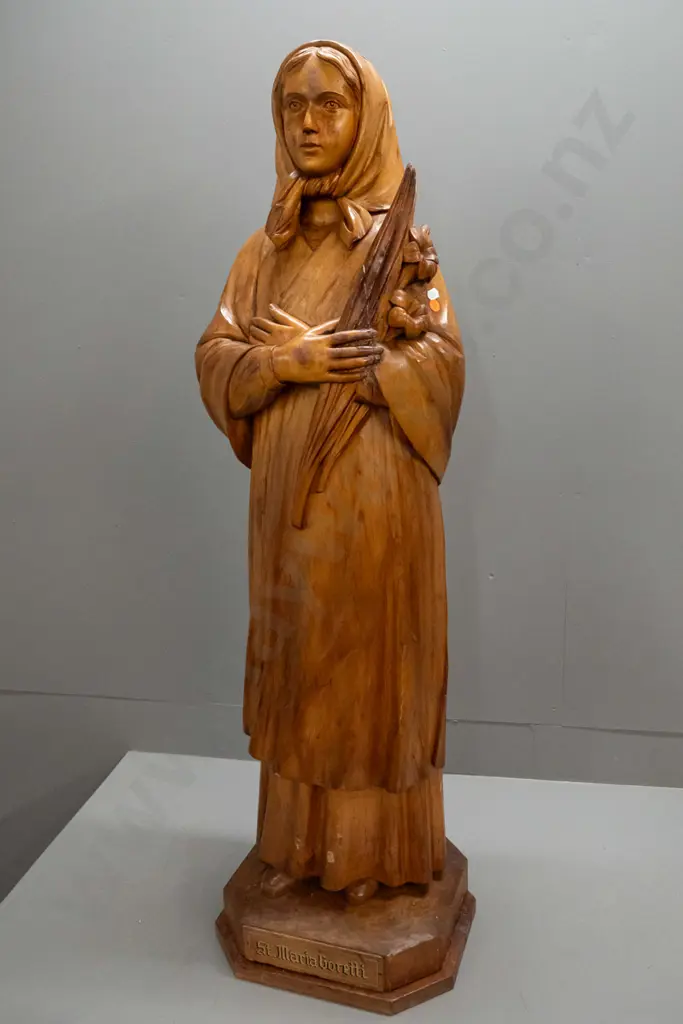 vintage large carved timber figure with gilt lettering on base "Saint Maria Goretti" - crack & repair, overall wear and Image 1++