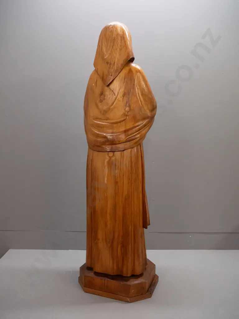 vintage large carved timber figure with gilt lettering on base "Saint Maria Goretti" - crack & repair, overall wear and Image 1++