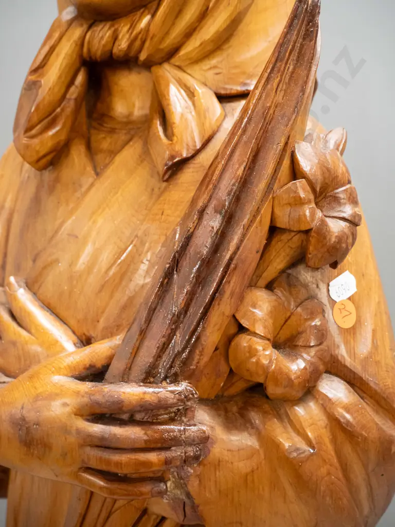 vintage large carved timber figure with gilt lettering on base "Saint Maria Goretti" - crack & repair, overall wear and Image 1++