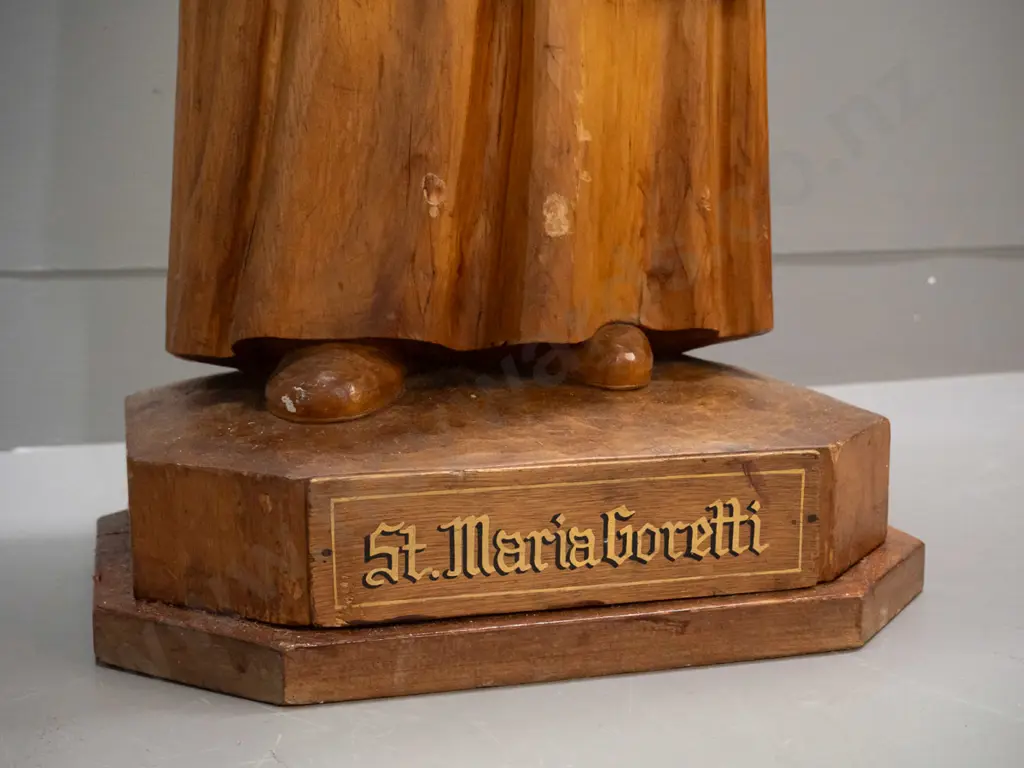 vintage large carved timber figure with gilt lettering on base "Saint Maria Goretti" - crack & repair, overall wear and Image 1++