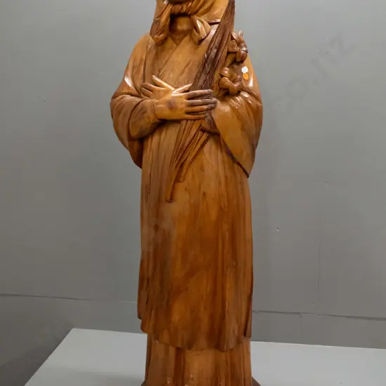 vintage large carved timber figure with gilt lettering on base "Saint Maria Goretti" - crack & repair, overall wear and