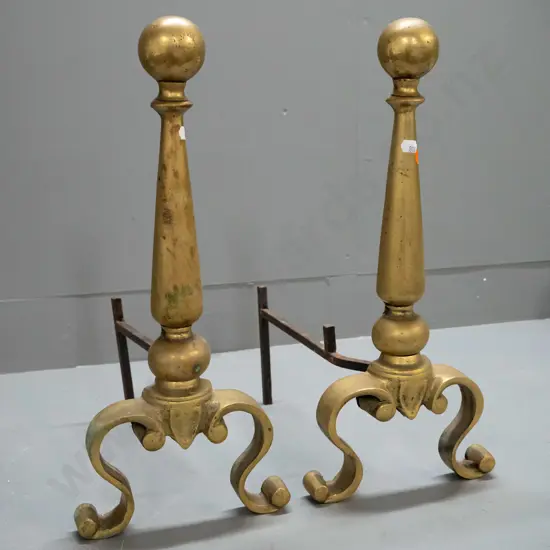 pair of cast brass and cast iron andirons / fire dogs - ends are H-450 W-200