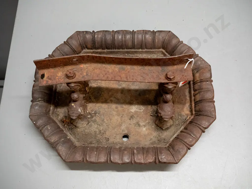 heavy cast iron boot scraper with fish motif supports - corrosion and a split to casting on edge, replacement scraper Image 1++
