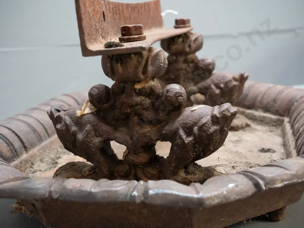 heavy cast iron boot scraper with fish motif supports - corrosion and a split to casting on edge, replacement scraper Image 1++