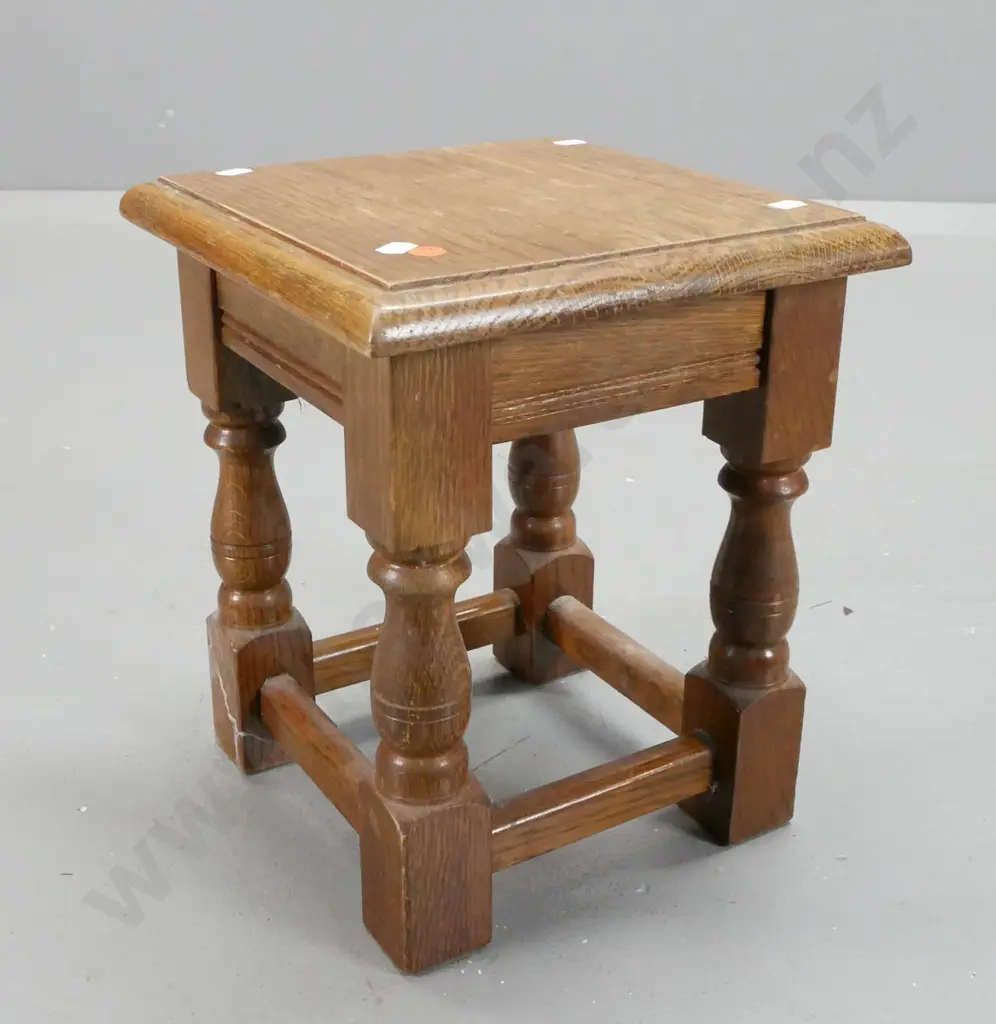 reproduction small oak joint stool - turned legs, stretcher base - scratches and staining, polish on top needs attention Image 1++