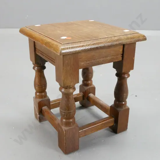 reproduction small oak joint stool - turned legs, stretcher base - scratches and staining, polish on top needs attention