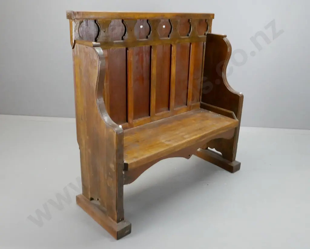 vintage gothic style panelled back settle - mixed timber. Screw holes and damage, has had rustic restoration job. Image 1++