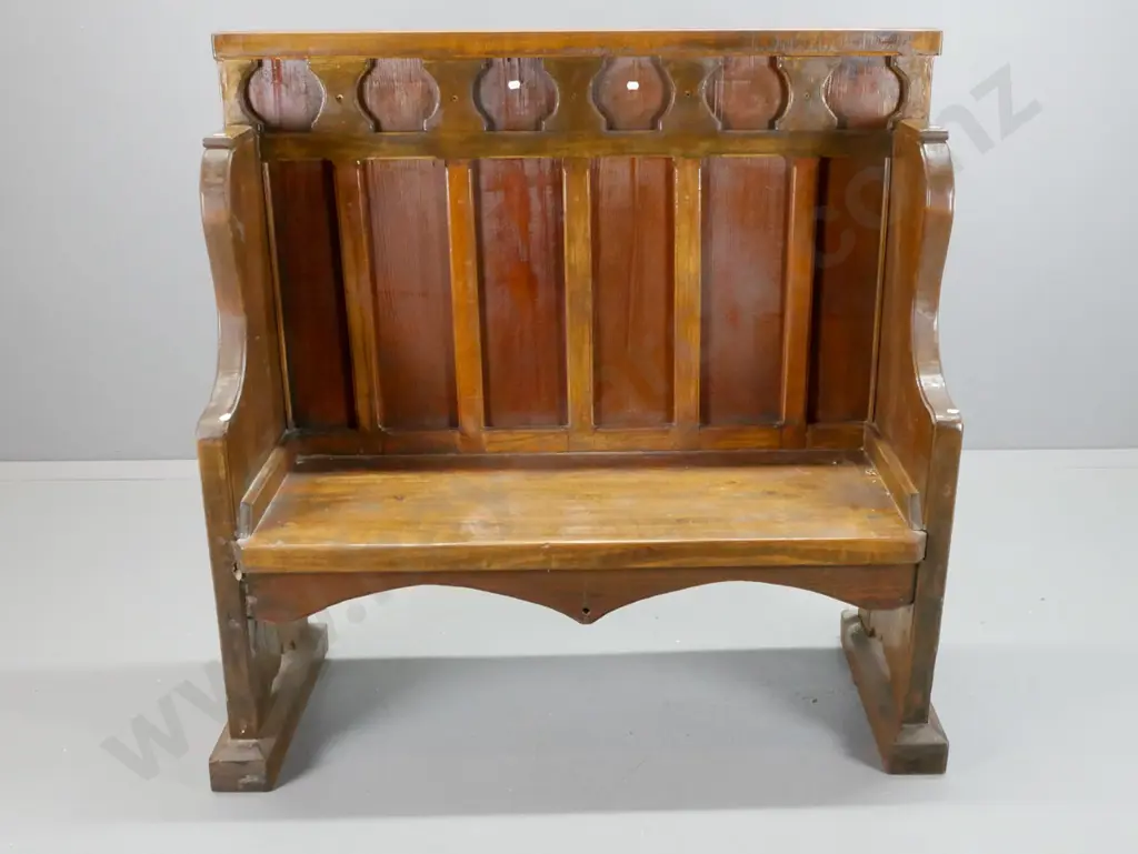 vintage gothic style panelled back settle - mixed timber. Screw holes and damage, has had rustic restoration job. Image 1++