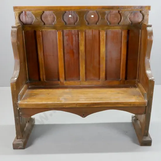 vintage gothic style panelled back settle - mixed timber. Screw holes and damage, has had rustic restoration job.