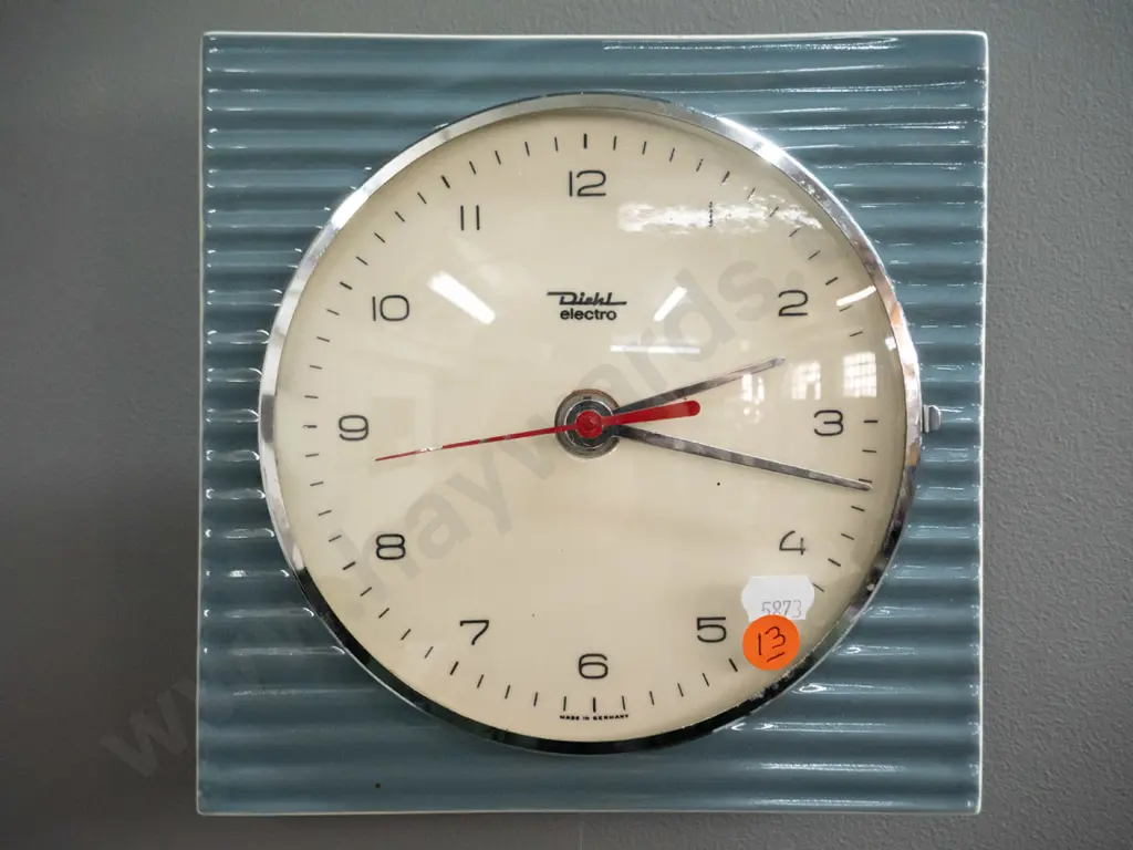 retro Diehl Electro German ceramic wall clock with chrome bezel, cream and dove grey ridged front - small nick to top, Image 1++