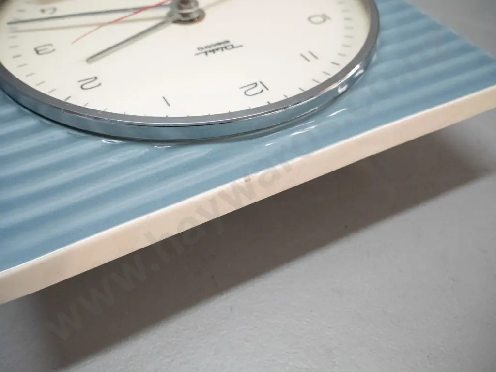 retro Diehl Electro German ceramic wall clock with chrome bezel, cream and dove grey ridged front - small nick to top, Image 1++