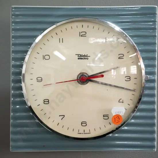 retro Diehl Electro German ceramic wall clock with chrome bezel, cream and dove grey ridged front - small nick to top,