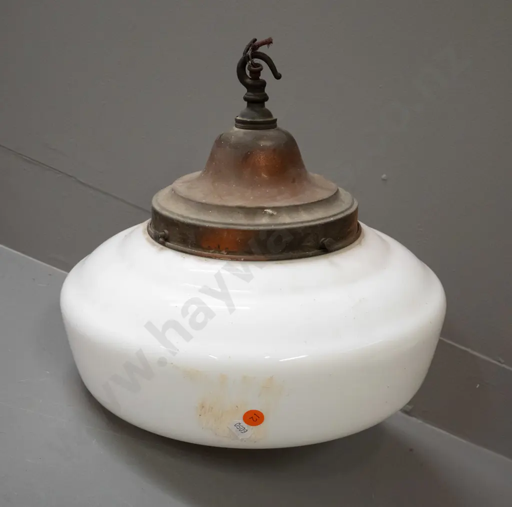 deco large milk glass ceiling light fitting with copper finish journal - some discolouring to metal, paint residue. H280 Image 1++