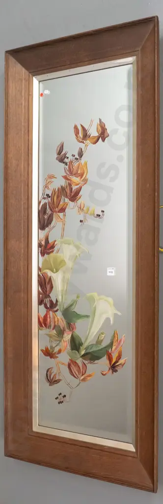 Oak framed  beveled edged wall mirror with hand painted flowers and leaves H-1420 W-580 Image 1++
