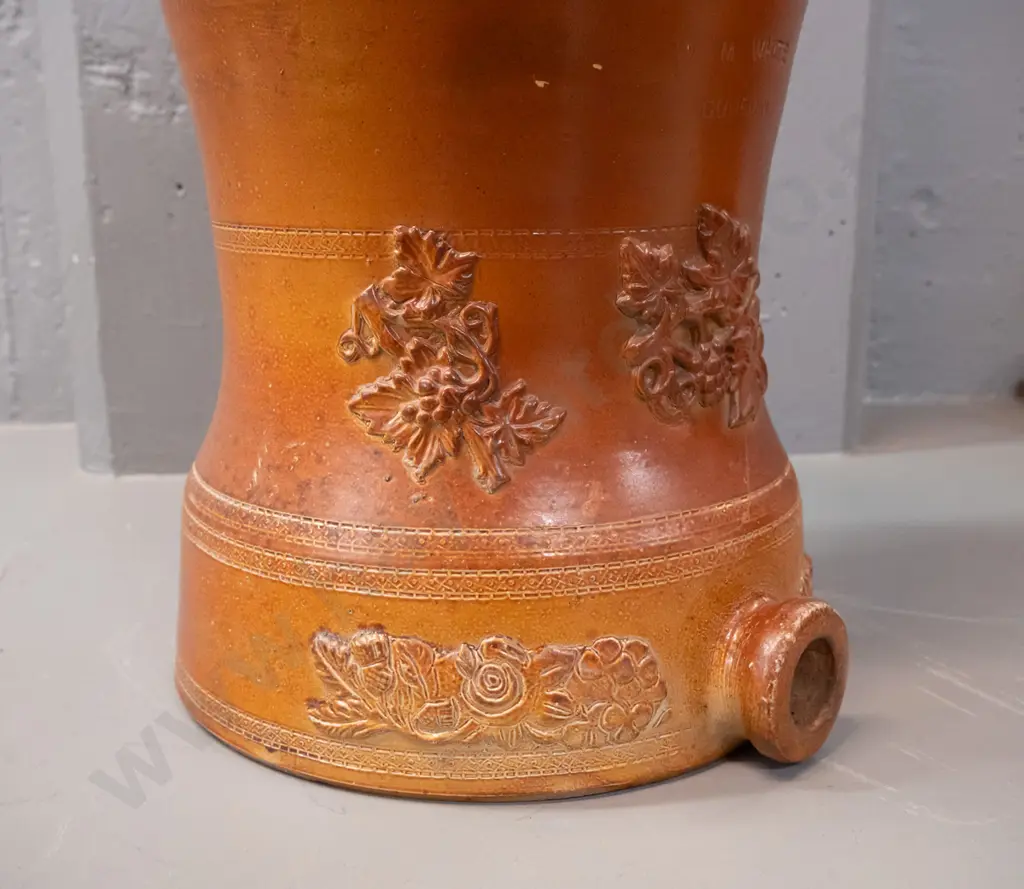 vintage W.M White Dunedin salt-glazed part water filter base with applied decoration and handles - centre filled in for Image 1++