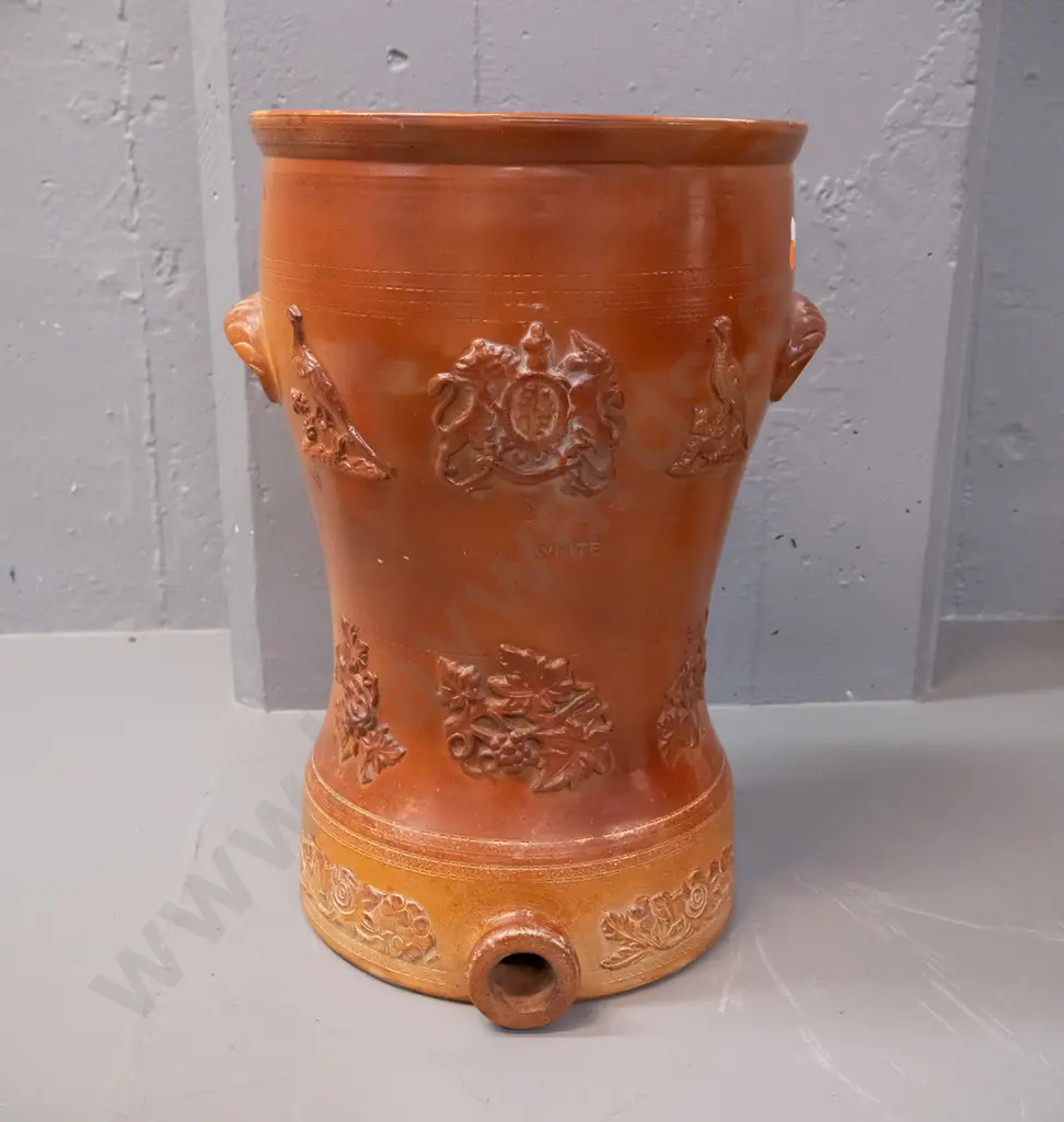 vintage W.M White Dunedin salt-glazed part water filter base with applied decoration and handles - centre filled in for Image 1++