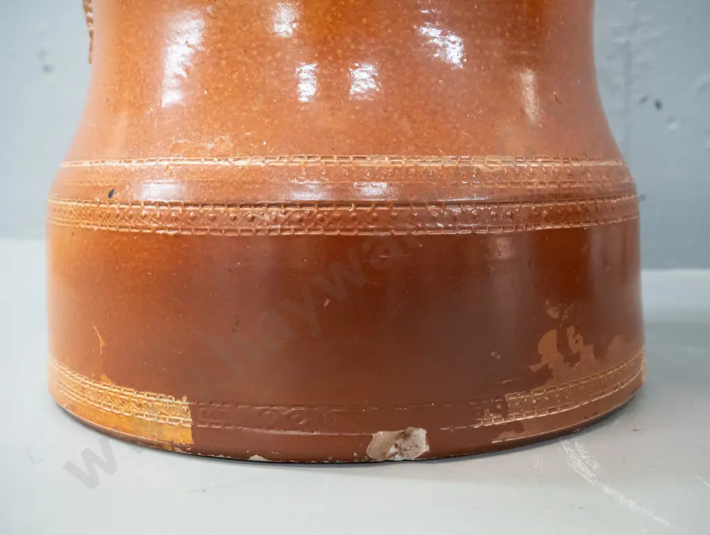 vintage W.M White Dunedin salt-glazed part water filter base with applied decoration and handles - centre filled in for Image 1++