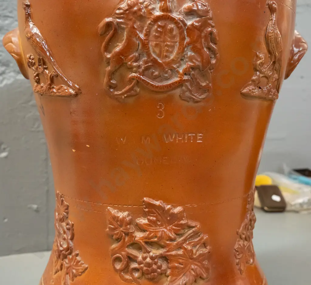 vintage W.M White Dunedin salt-glazed part water filter base with applied decoration and handles - centre filled in for Image 1++