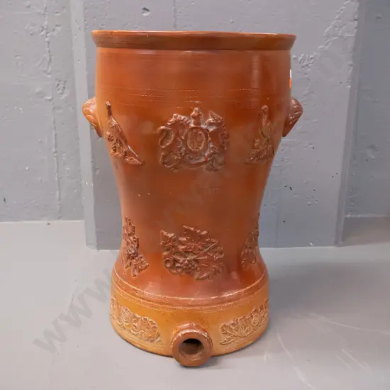 vintage W.M White Dunedin salt-glazed part water filter base with applied decoration and handles - centre filled in for