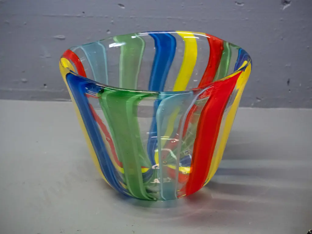 heavy art glass glass bowl - primary colour stripes in clear H-180 D-220 Image 1++