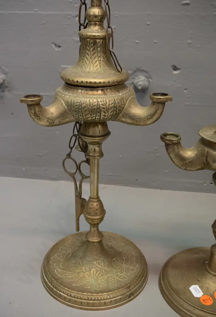 3 reproduction middle eastern style 3-wick oil lamps with sliding fittings, two have wick scissors on chains - tallest Image 1++