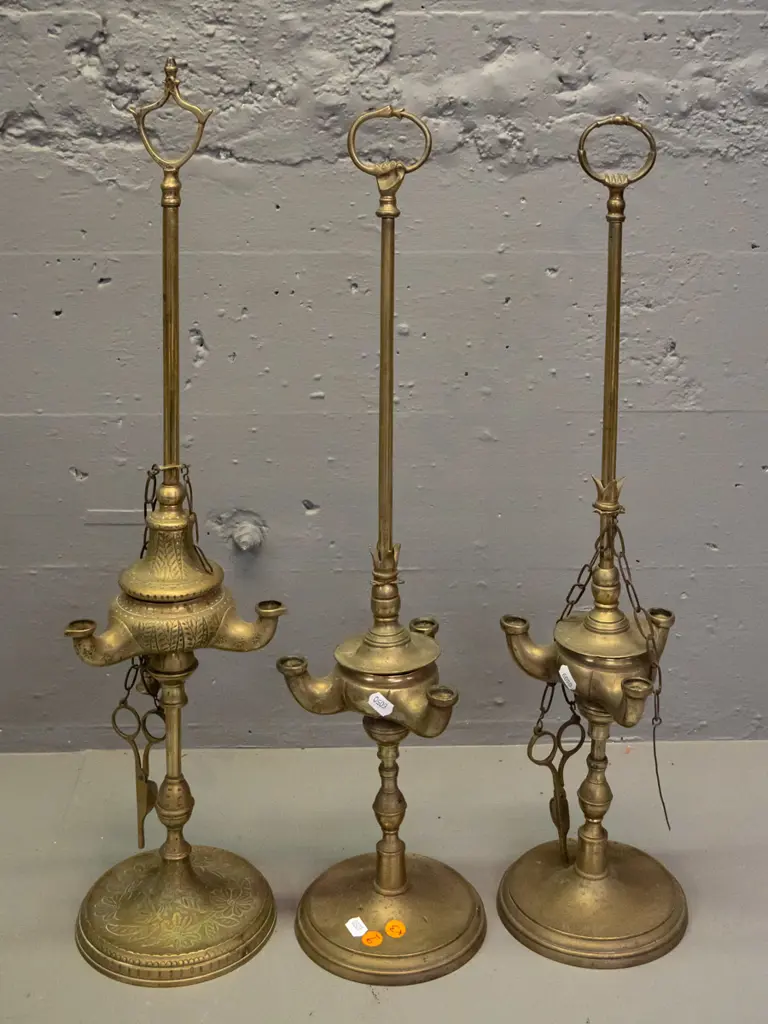 3 reproduction middle eastern style 3-wick oil lamps with sliding fittings, two have wick scissors on chains - tallest Image 1++
