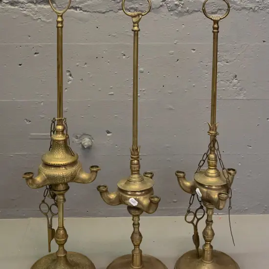 3 reproduction middle eastern style 3-wick oil lamps with sliding fittings, two have wick scissors on chains - tallest