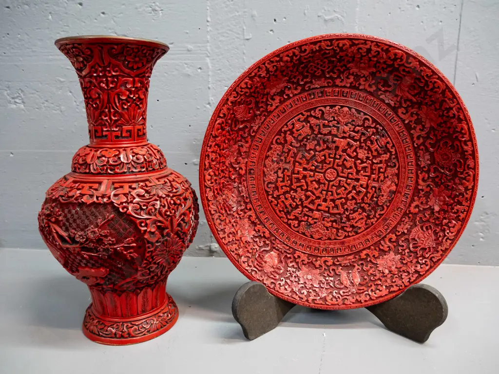 3 cinnabar style composite items - vase, plate with stand, and gourd shaped lidded container on pierced wooden stand. Image 1++
