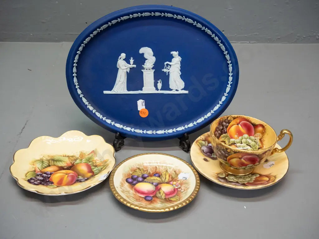 Aynsley fruits pattern cup & saucer and 2 dishes, and a Wedgwood dark blue jasperware display plate W-200 L-270 Image 1++