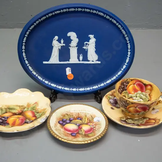 Aynsley fruits pattern cup & saucer and 2 dishes, and a Wedgwood dark blue jasperware display plate W-200 L-270