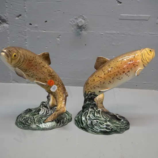2 Beswick leaping trout figures - one has a piece broken off one fin H-170