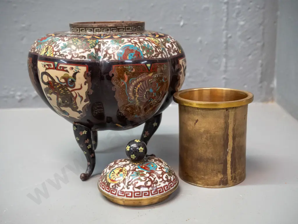 Chinese pumpkin shape cloisonne 3-footed lidded pot with removable liner - some damage to enamel, loose feet have been Image 1++